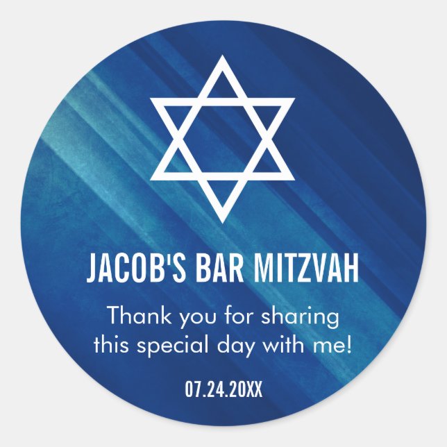 Modern Blue Grunge Bar Mitzvah Classic Round Sticker (Front)