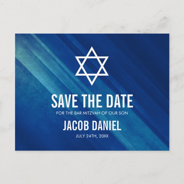 Modern Blue Grunge Bar Mitzvah Save the Date Announcement Postcard (Front)