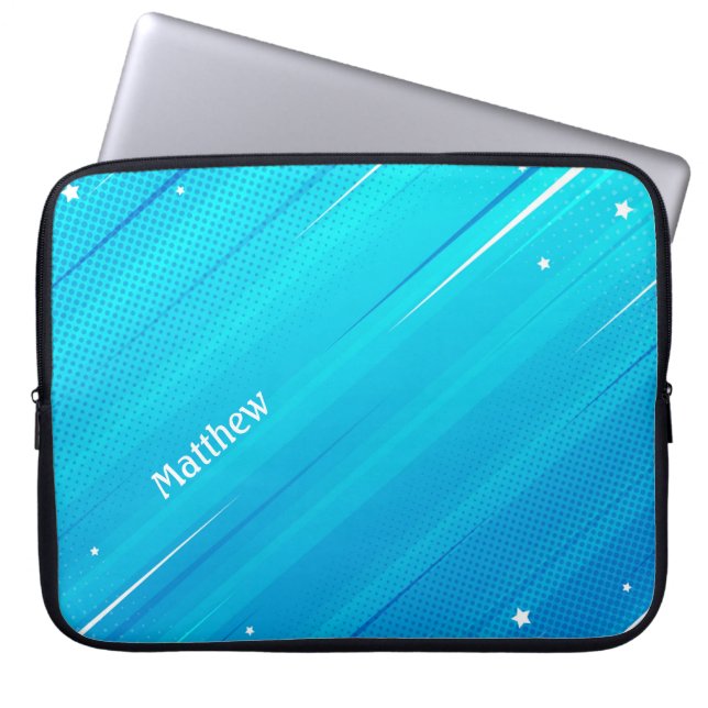 Modern Blue Halftone Texture with Custom Name Laptop Sleeve (Front)