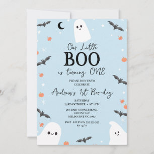 Modern Blue Halloween Little Boo 1st Birthday Invitation