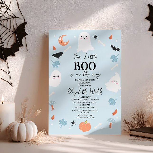 Modern Blue Halloween Little Boo Baby Shower  Invitation (A Little Boo is Almost Due Baby Shower Invitation, Little Boo Is Due Halloween Baby Shower Invite

)