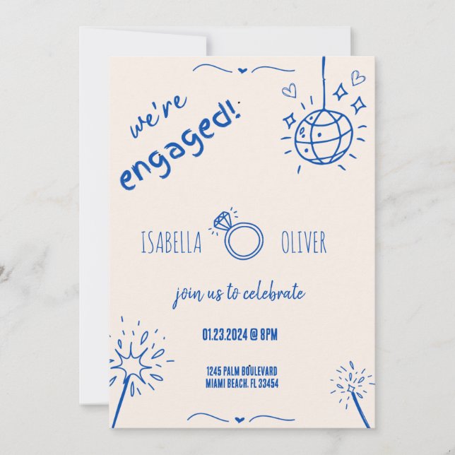 Modern Blue Hand Drawn Engagement Party Invitation (Front)