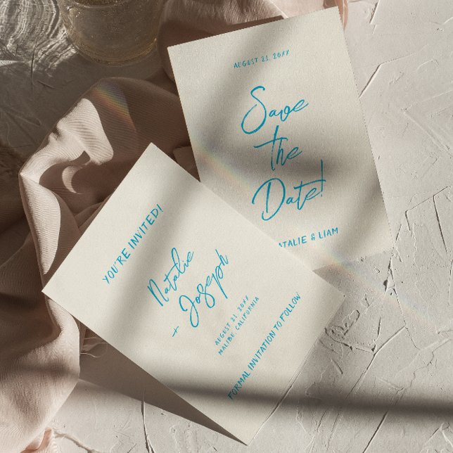 Modern Blue Hand-Written Retro Whimsical Wedding Save The Date (Creator Uploaded)