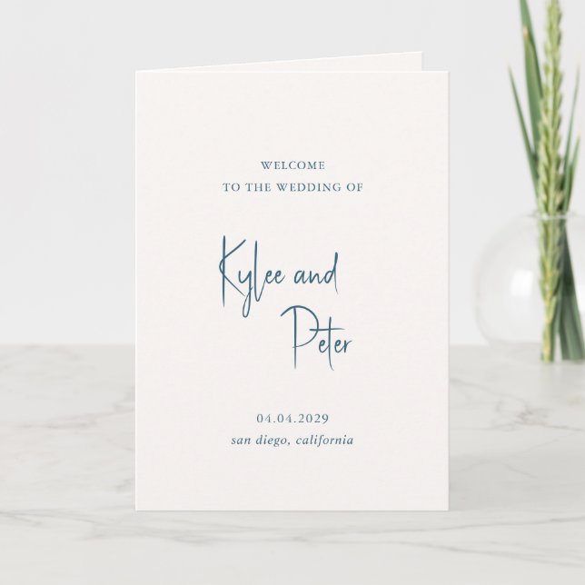 Modern Blue Handwritten Script Elegant Wedding Program (Front)