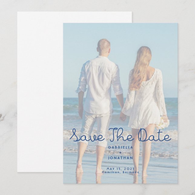 Modern Blue Handwritten Wedding Photo  Save The Date (Front/Back)