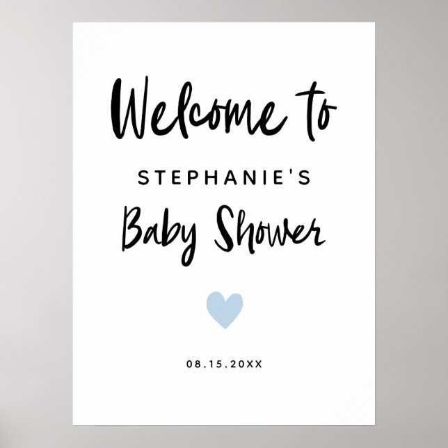 Modern Blue Heart Baby Shower Welcome Sign (Front)