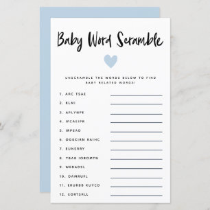 Modern Blue Heart Baby Word Scramble Game 