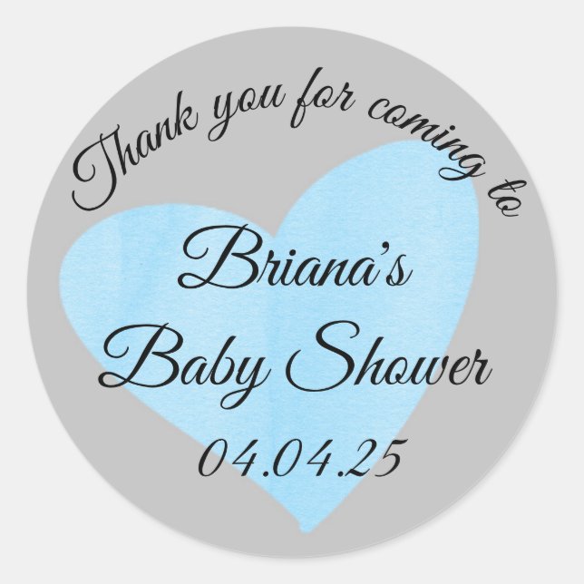 Modern Blue Heart Boy Baby Shower Classic Round Sticker (Front)