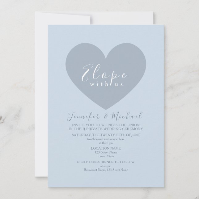 Modern Blue Heart Elopement Wedding Invitation (Front)