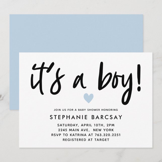 Modern Blue Heart Its A Boy Baby Shower Invitation (Front/Back)