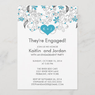 Modern Blue Heart with Flowers Engagement Party Invitation