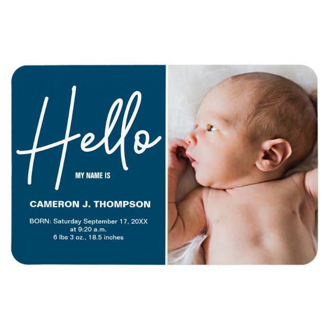 Modern Blue Hello Baby Photo Birth announcement Magnet (Horizontal)