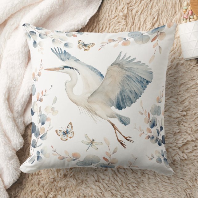 Modern Blue Heron Foliage Throw Pillow (Blanket)