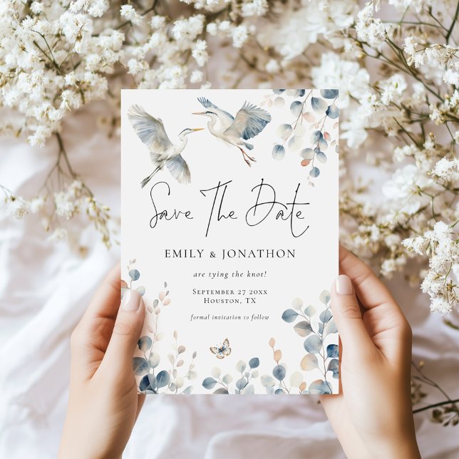 Modern Blue Heron Pastel Leaves Wedding Save The Date (Creator Uploaded)