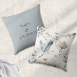 Modern Blue Herons Flying Names Newlyweds Throw Pillow<br><div class="desc">Modern Blue Herons Flying Names Newlyweds. A great gift for the newlyweds,  this graceful flying blue birds and blush and dusty blue foliage design. Personalise with the couples' names on the back.</div>