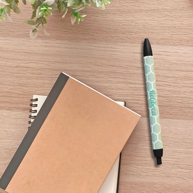 Modern Blue Hexagon Geometric Pattern Monogram Black Ink Pen (Creator Uploaded)