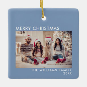 Modern Blue Holiday Photo Merry Christmas Ceramic Ornament