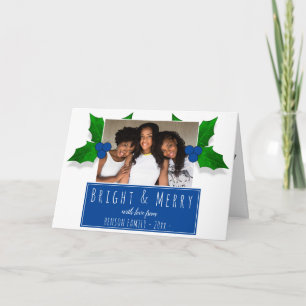 Modern Blue Holly Berry Plant Leaves Photo Holiday Card