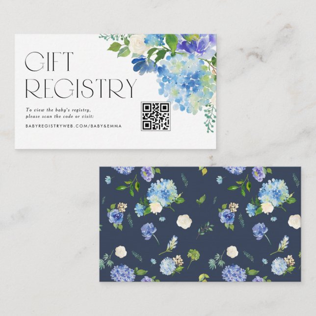 Modern Blue Hydrangea Baby Shower QR Code Registry Enclosure Card (Front/Back)