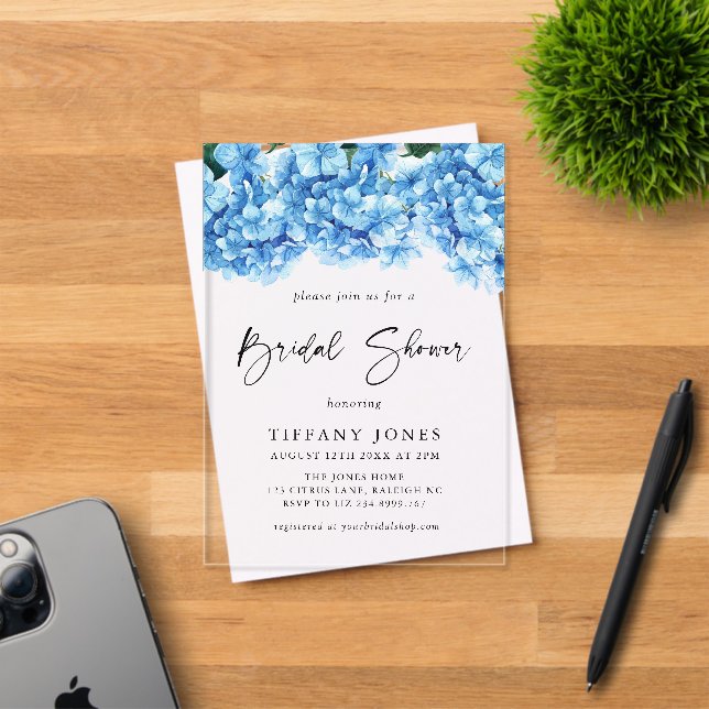 Modern Blue Hydrangea Floral Bridal Shower Acrylic Invitations (Insitu (Invitation Card))