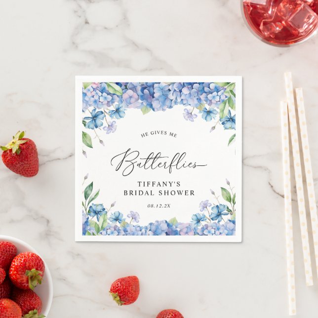 Modern Blue Hydrangea Floral Bridal Shower Napkin (Insitu)