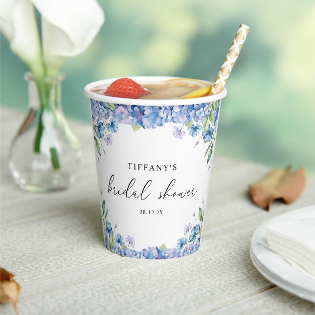 Modern Blue Hydrangea Floral Bridal Shower Paper Cups (Insitu)