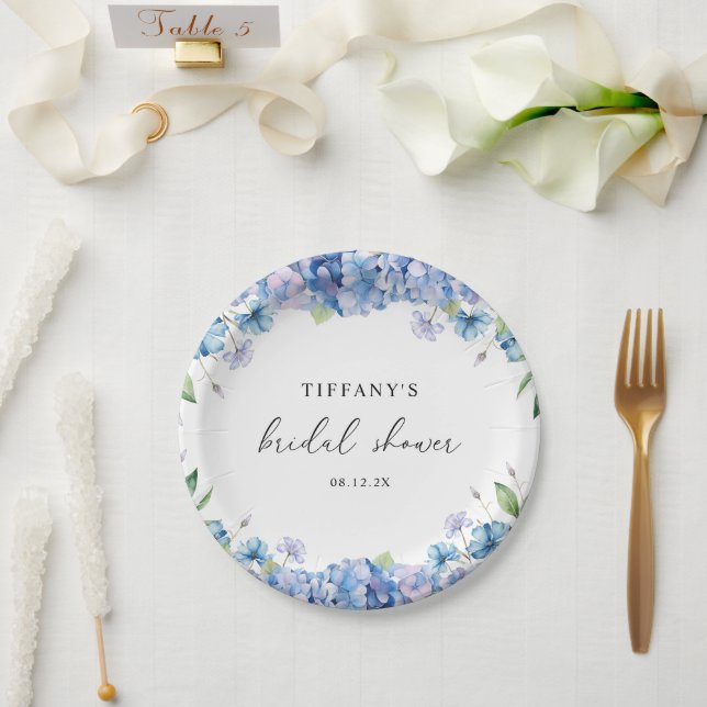 Modern Blue Hydrangea Floral Bridal Shower Paper Plate (Wedding)
