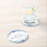 Modern Blue Hydrangea Floral Bridal Shower Round Paper Coaster<br><div class="desc">Introducing our "Modern Blue Hydrangea Floral Bridal Shower Round Paper Coaster"! These elegant and stylish coasters are perfect for adding a touch of floral charm to your bridal shower. Featuring a beautiful design with delicate blue hydrangea blooms and lush green leaves, these coasters enhance your table setting while protecting your...</div>