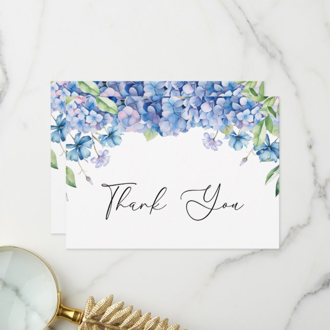 Modern Blue Hydrangea Floral Bridal Shower Thank You Card (Front/Back In Situ)