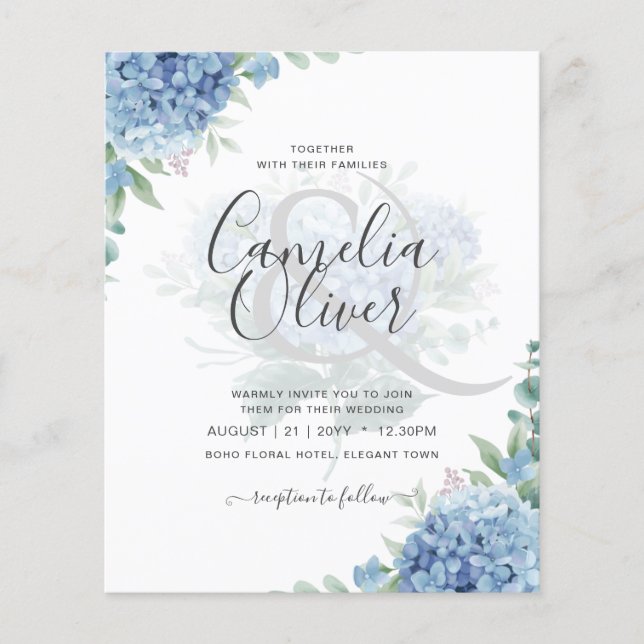 Modern Blue Hydrangea Floral Wedding Invitation Flyer (Front)