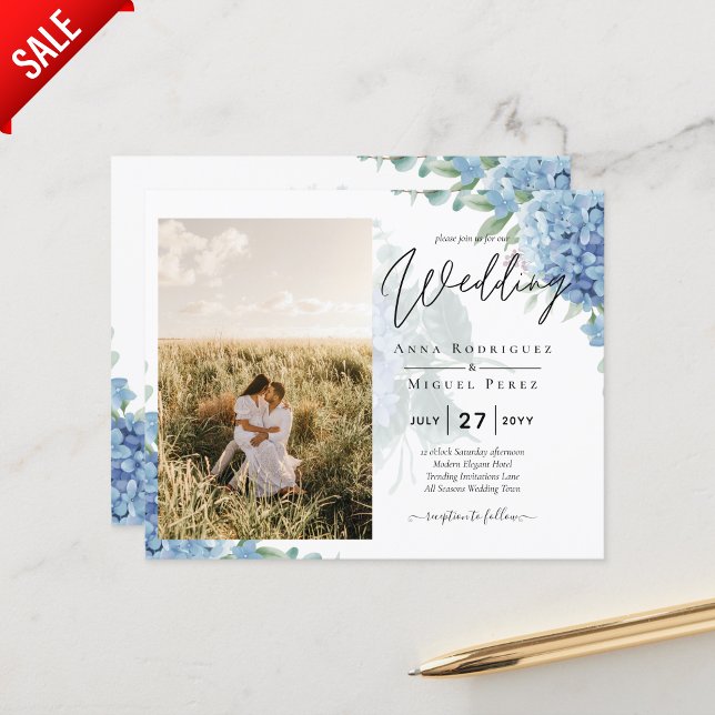 Modern Blue Hydrangea PHOTO Wedding Invitation (Creator Uploaded)