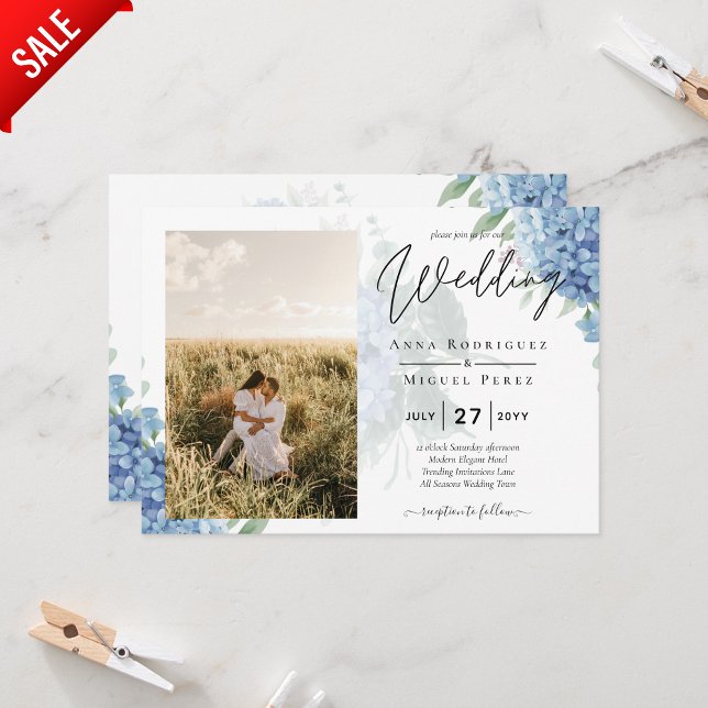 Modern Blue Hydrangea PHOTO Wedding Invitation (Creator Uploaded)