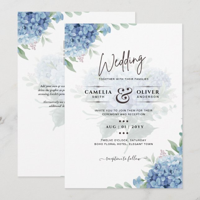 Modern Blue Hydrangea Wedding Invitation QR Code (Front/Back)