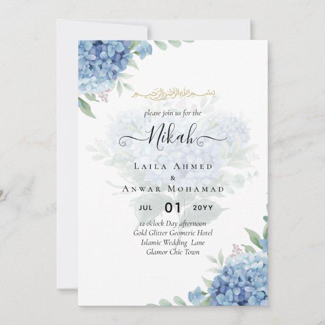 Modern Blue Hydrangea Wedding Invitation QR Code (Front)
