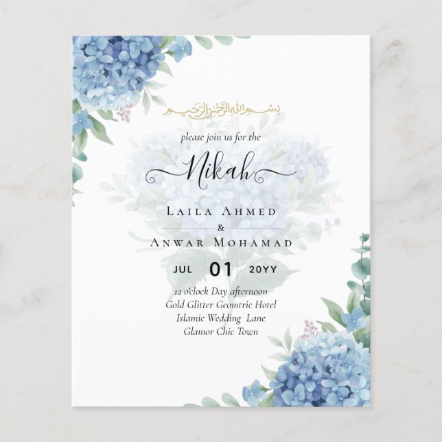 Modern Blue Hydrangea Wedding Invitation QR Code Flyer (Front)