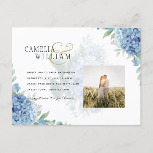 Modern Blue Hydrangea Wedding Invitation QR Code Postcard