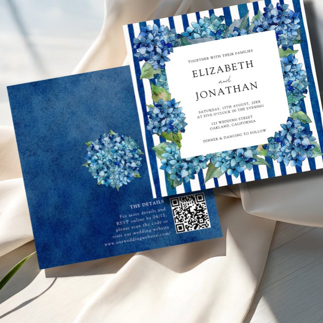 Modern Blue Hydrangeas Stripe RSVP QR Code Wedding Invitation (Creator Uploaded)