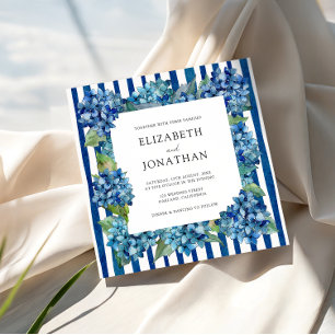 Modern Blue Hydrangeas Watercolor Stripe Wedding Invitation