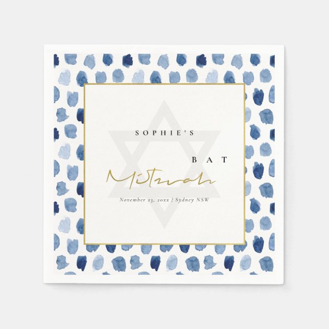 MODERN BLUE INDIGO WATERCOLOR DOTS BAR BAT MITZVAH NAPKIN (Front)