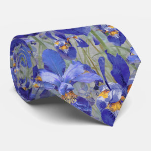 Modern Blue Iris Floral Pattern on Grey Tie