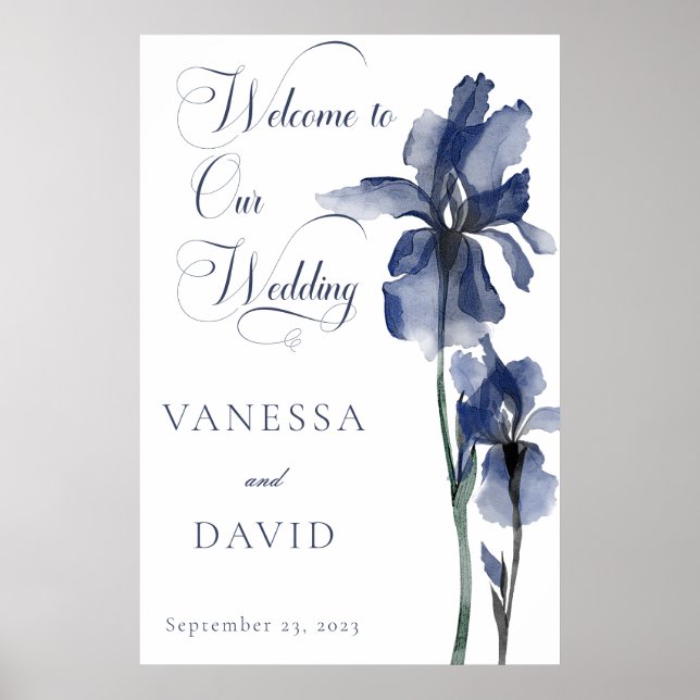 Modern Blue Iris Flower Centred Wedding Poster (Front)