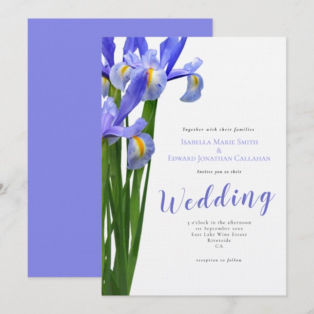 Modern Blue Irises Floral Bouquet Wedding  Invitation (Front/Back)