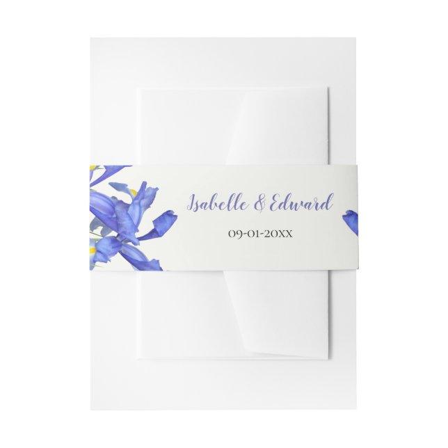 Modern Blue Irises Floral Bouquet Wedding Invitation Belly Band (Front Example)