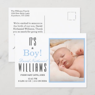 Modern Blue It's a BOY! Baby Birth Announcement  Postcard