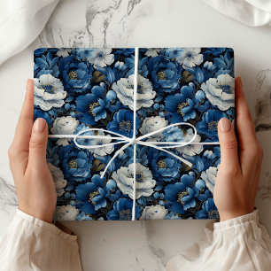 Modern Blue Ivory Floral Decorative Wrapping Paper