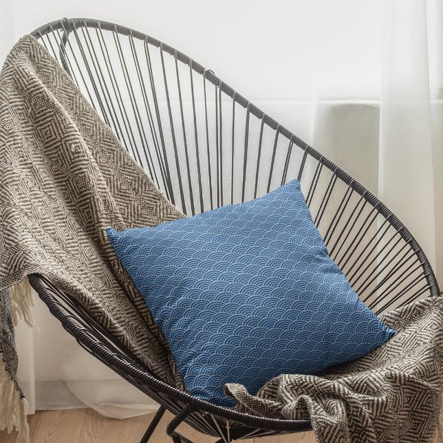 Modern Blue Japanese Wave Geometric Pattern Throw Pillow (Creator Uploaded)