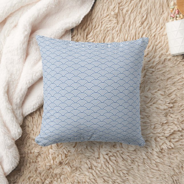 Modern Blue Japanese Wave Geometric Pattern Throw Pillow (Blanket)