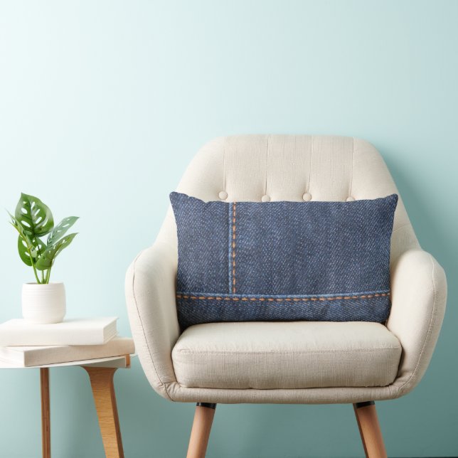 Modern blue jeans denim stitch photo patterns lumbar pillow (Chair)