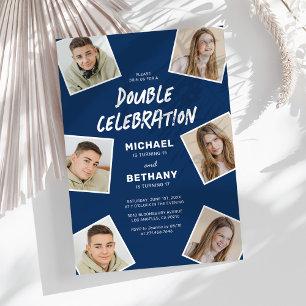 Modern Blue Joint Photo Birthday Party Invitation