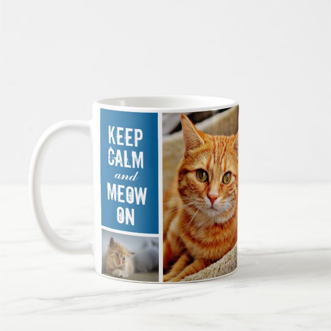 Modern Blue Keep Calm Meow On Cat 7 Photo Collage Coffee Mug (Left)